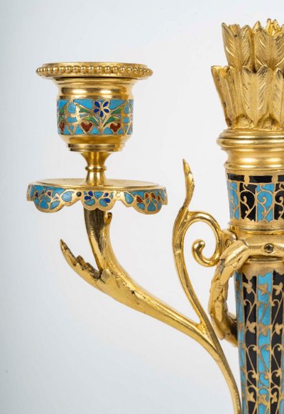 A Pair of Gilt Bronze and Cloisonné Enamel Candlesticks, Circa 1880