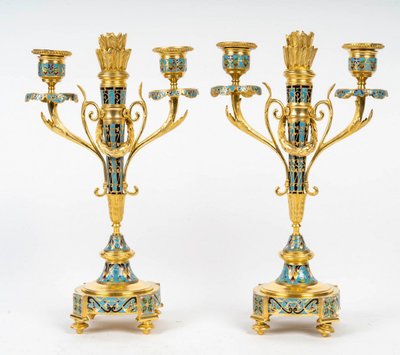 A Pair of Gilt Bronze and Cloisonné Enamel Candlesticks, Circa 1880