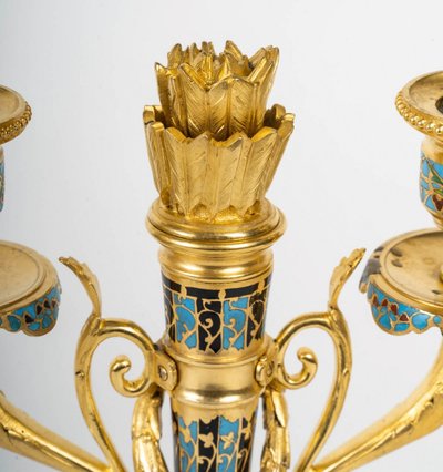 A Pair of Gilt Bronze and Cloisonné Enamel Candlesticks, Circa 1880