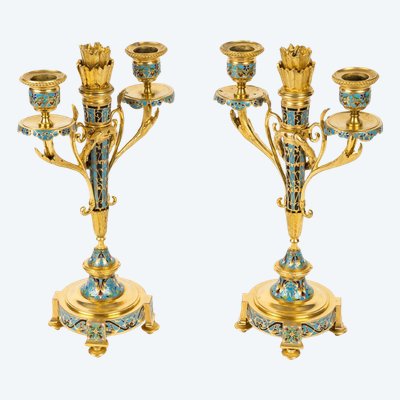 A Pair of Gilt Bronze and Cloisonné Enamel Candlesticks, Circa 1880