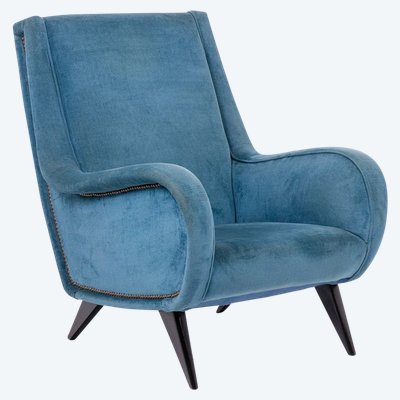 Sessel aus blauem Samt, Beine aus Buchenholz. 1950er Jahre. LS4410409A