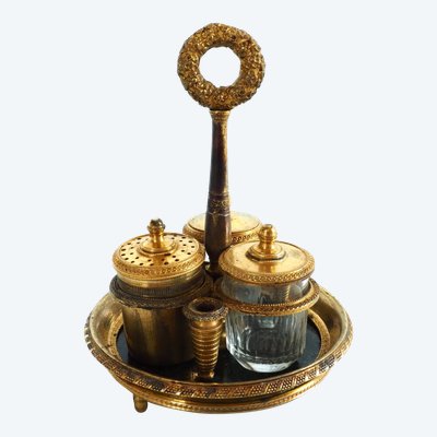 Empire-Tintenfass aus vergoldeter Bronze, Garnitur aus Kristallglas aus Le Creusot, Restaurationszeit