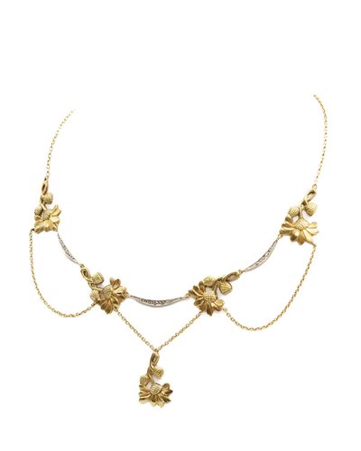 Collier Draperie Art Nouveau Fleurs En Or 18k Et Platine, Collier Marguerite, Bijou Ancien