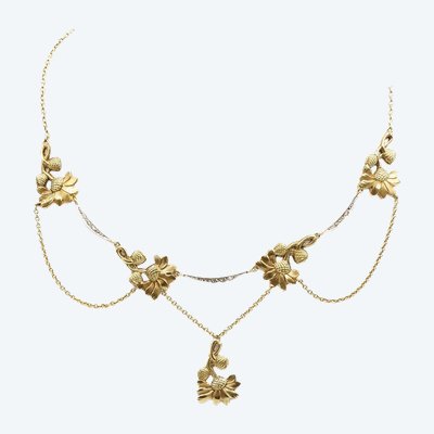 Collier Draperie Art Nouveau Fleurs En Or 18k Et Platine, Collier Marguerite, Bijou Ancien
