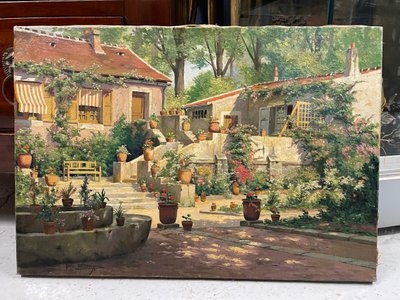 Pauline Elisabeth DELACROIX GARNIER - Villa Et Jardin Fleuri Huile Sur Toile