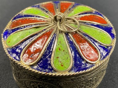 Berber box in silver-chased metal enhanced with polychrome enamel