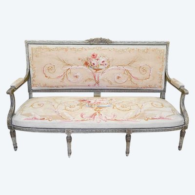 A large Aubusson sofa in carved, lacquered and gilded wood, late 19th century
