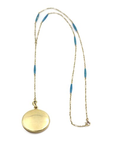 Collier Porte Photo Email En Or 14 Karats, émail Guilloché, Bijou Ancien, Porte-photo
