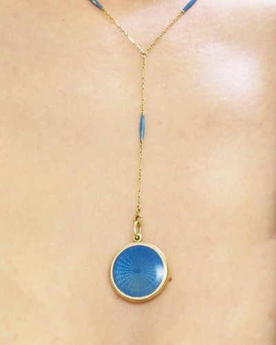 Collier Porte Photo Email En Or 14 Karats, émail Guilloché, Bijou Ancien, Porte-photo
