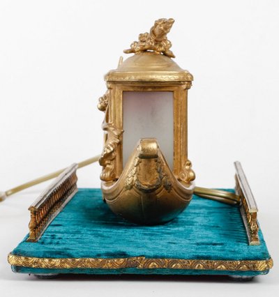 A Romantic Biscuit and Art Nouveau Gilt Metal Lamp