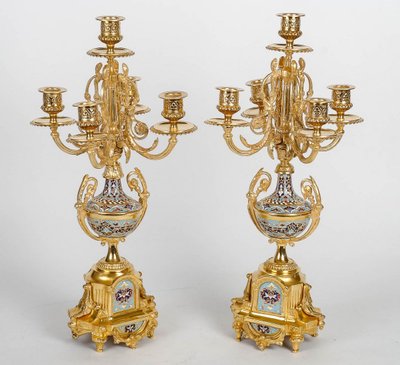 Gilt Bronze and Cloisonné Enamel Fireplace Set, Late 19th Century