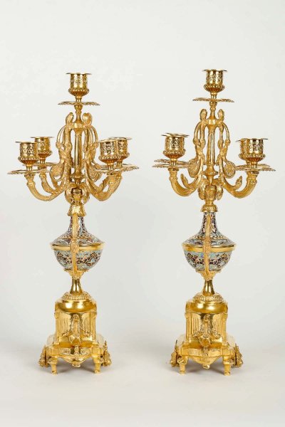 Gilt Bronze and Cloisonné Enamel Fireplace Set, Late 19th Century