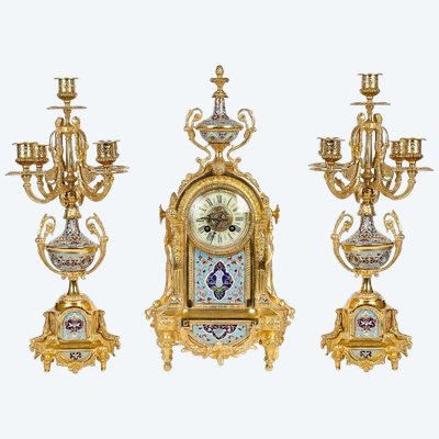 Gilt Bronze and Cloisonné Enamel Fireplace Set, Late 19th Century