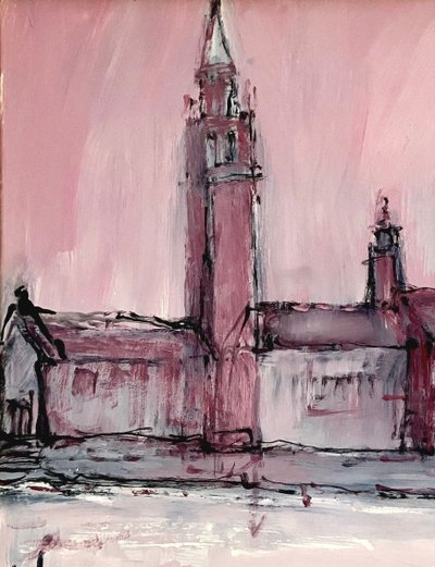 Mario Bonamici (1912-2002), Tableau Vue De Venise Titré "rose De Venise.