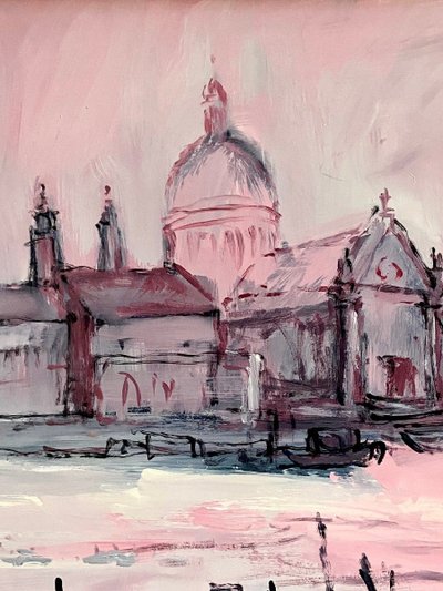 Mario Bonamici (1912-2002), Tableau Vue De Venise Titré "rose De Venise.