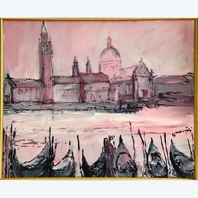 Mario Bonamici (1912-2002), Tableau Vue De Venise Titré "rose De Venise.