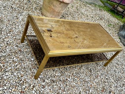 Table basse Hollywood regency en laiton et verre irisé vintage 70'S
