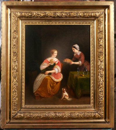 Jean-Auguste TESTE 1807-1886 Scène d'intérieur au chien et à la nature morte, tableau, 1854
