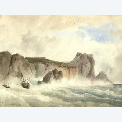 Jean-Baptiste ROMEGAS (1800-1867) Paysage marin , bateau Dessin original ancien