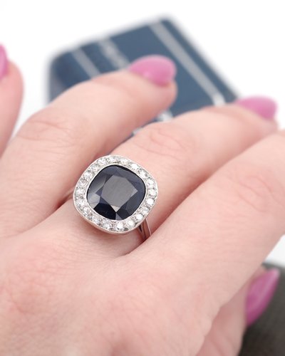 Bague Art Deco Saphir Diamants En Platine, Bague Ancienne, Bijou Art Deco