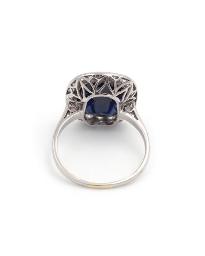 Bague Art Deco Saphir Diamants En Platine, Bague Ancienne, Bijou Art Deco