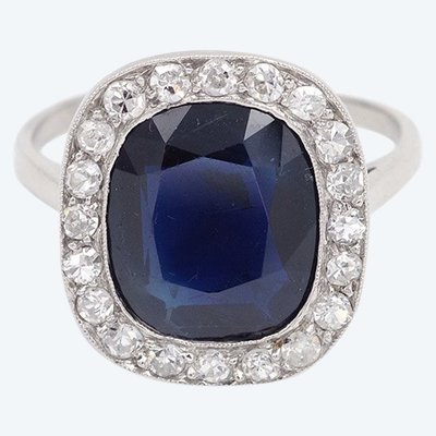 Bague Art Deco Saphir Diamants En Platine, Bague Ancienne, Bijou Art Deco