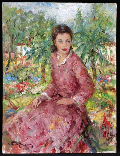 Vittorio GUSSONI, Donna in abito rosa in giardino