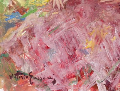 Vittorio GUSSONI, Donna in abito rosa in giardino