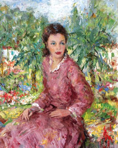 Vittorio GUSSONI, Donna in abito rosa in giardino