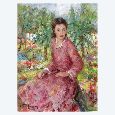 Vittorio GUSSONI, Donna in abito rosa in giardino