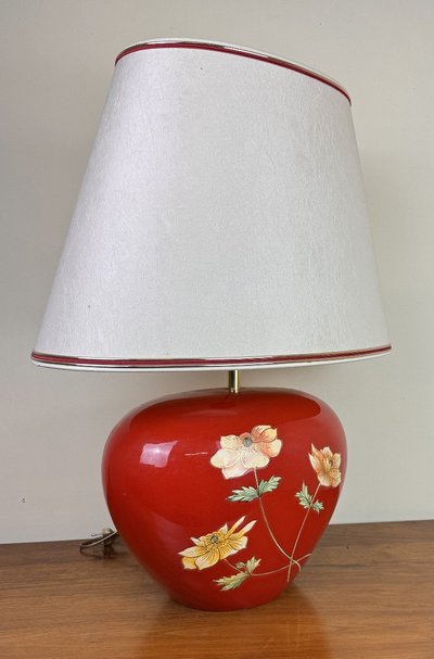 Very Large Vintage Ceramic Lamp with Flower Decor on a Red Background