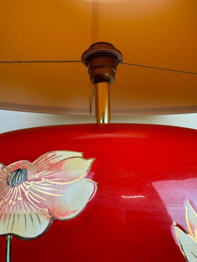 Very Large Vintage Ceramic Lamp with Flower Decor on a Red Background