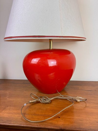 Very Large Vintage Ceramic Lamp with Flower Decor on a Red Background