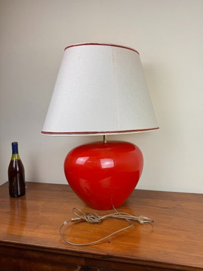 Very Large Vintage Ceramic Lamp with Flower Decor on a Red Background
