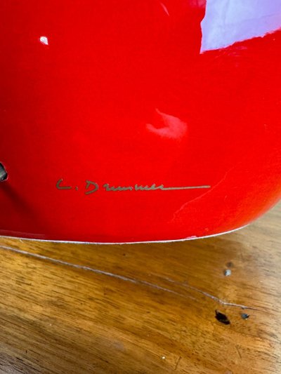 Very Large Vintage Ceramic Lamp with Flower Decor on a Red Background