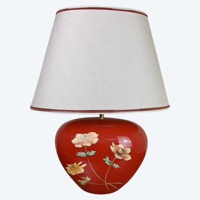 Very Large Vintage Ceramic Lamp with Flower Decor on a Red Background