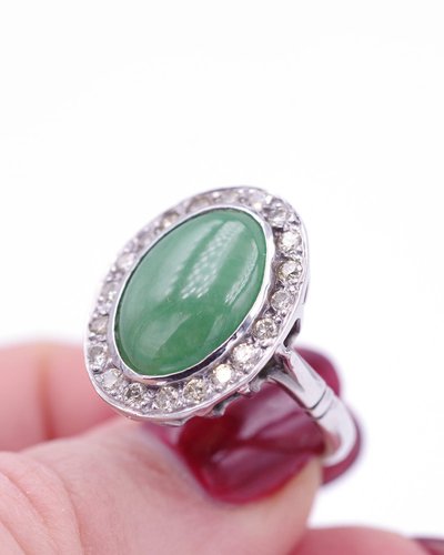 Anello di giada con diamante in oro bianco 18 carati, anello vintage, gioielli usati, taglio brillante
