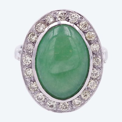 Anello di giada con diamante in oro bianco 18 carati, anello vintage, gioielli usati, taglio brillante