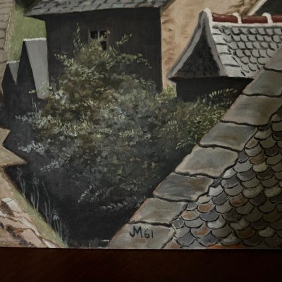 Olio su tavola raffigurante un villaggio nel 1961