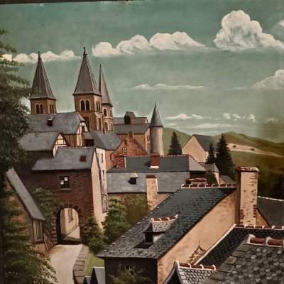 Olio su tavola raffigurante un villaggio nel 1961