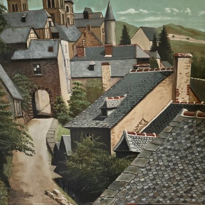 Olio su tavola raffigurante un villaggio nel 1961