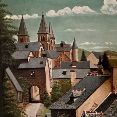 Olio su tavola raffigurante un villaggio nel 1961