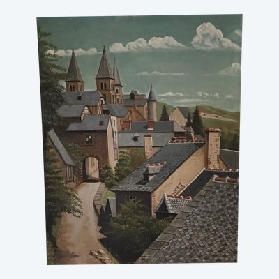 Olio su tavola raffigurante un villaggio nel 1961