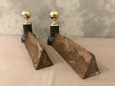 Pair of 19th century cast iron and brass andirons