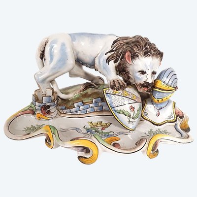 Tintenfass Steingut Saint-Clément Emile Gallé Löwe Heraldik Wappen Nancy XIX.