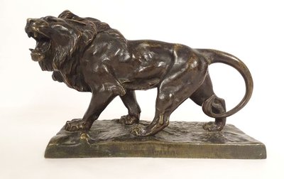Scultura in bronzo Hippolyte Marius Galy Leone ruggente Animale XIX secolo