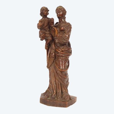 Statua intagliata della Vergine e del Bambino Gesù Legno di bosso 40 cm Fine XVIII secolo