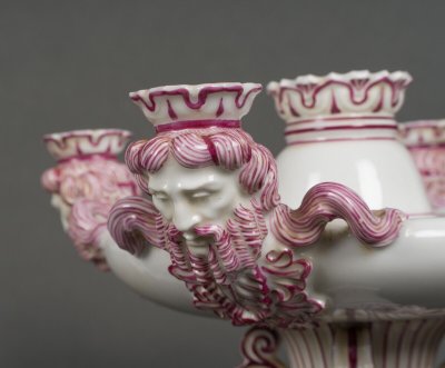 Pair of Jacob Petit Rihouet 5-light candelabra with caryatid decor