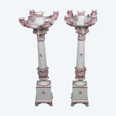 Pair of Jacob Petit Rihouet 5-light candelabra with caryatid decor