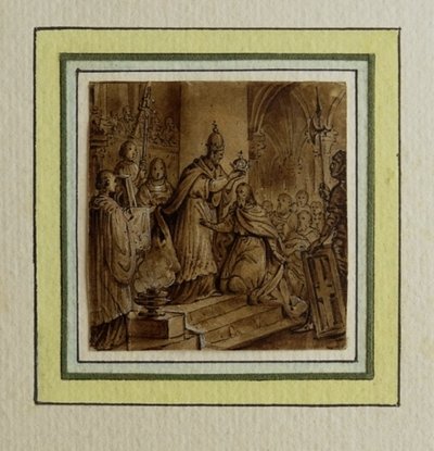 Le Couronnement de Charlemagne - Dessin original ancien à la plume, encre et lavis